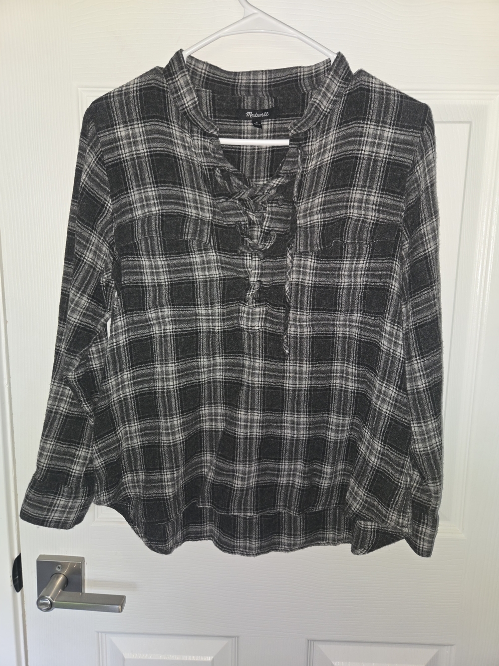 Madewell Black and White Plaid Lace-Up Long Sleeve Top